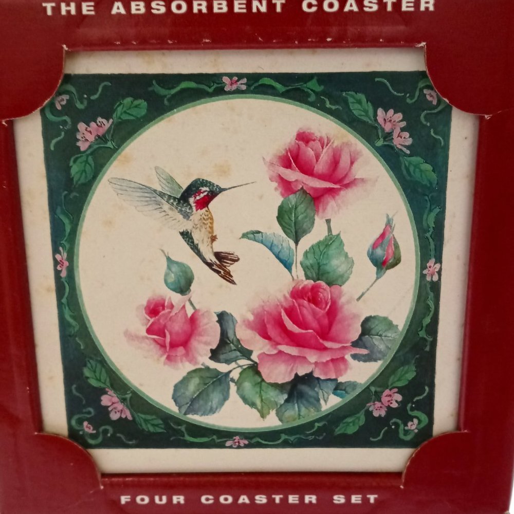 NIB 4 Absorbant Coasters with Hummingbird and Roses